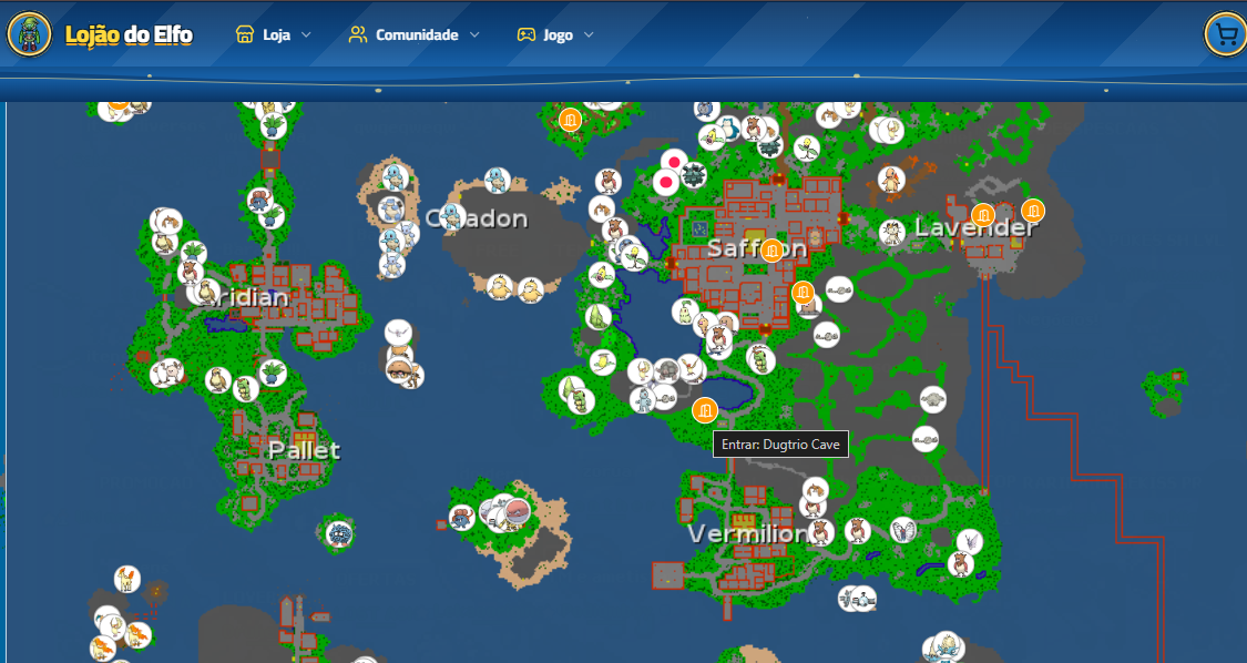 Mapa de Spawns do Lojão do Elfo destacando a entrada da Dugtrio Cave, entre Saffron e Vermilion