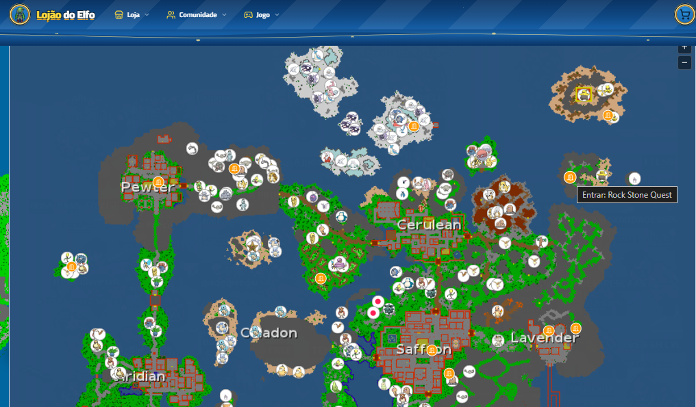 Mapa de Spawns do Lojão do Elfo mostrando a região ao norte de Cerulean, com as ilhas alcançadas por Surf onde fica a Earth Stone