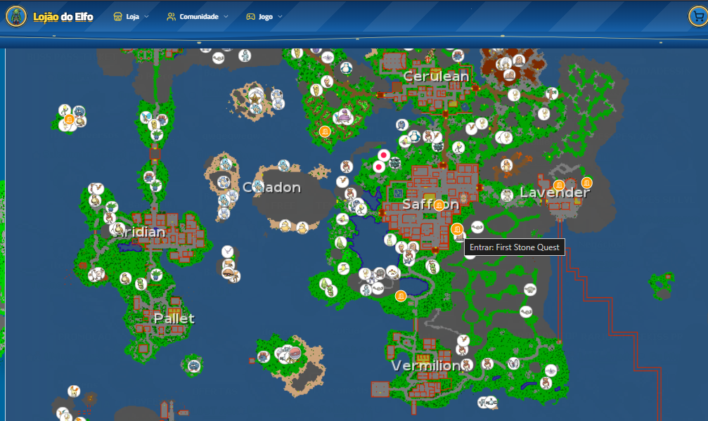 Mapa de Spawns do Lojão do Elfo destacando a entrada da First Stone Quest, ao sul de Saffron, entre Saffron e Vermilion