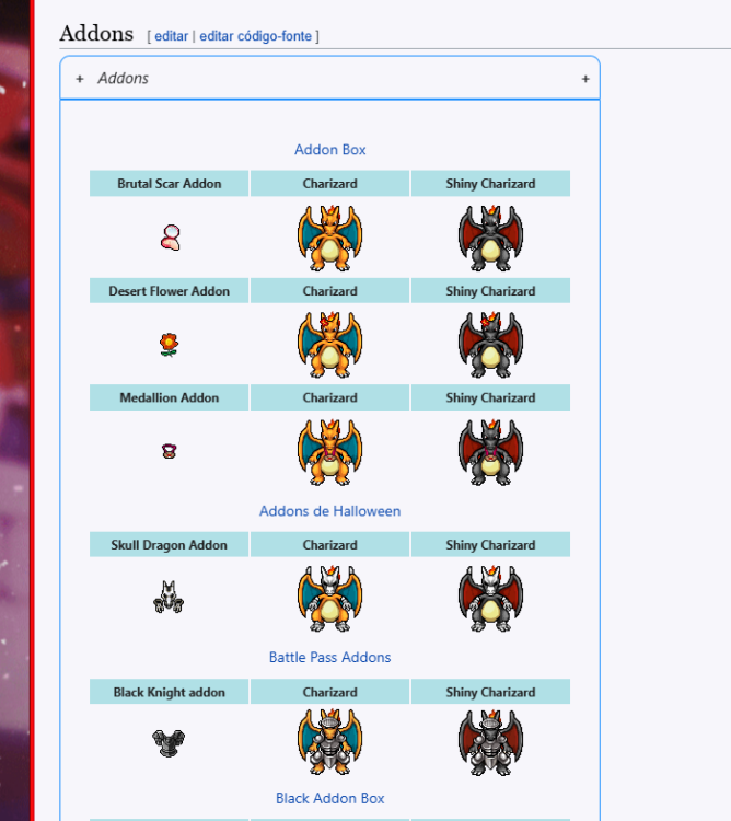 Seção Addons na ficha do Pokémon na Wiki