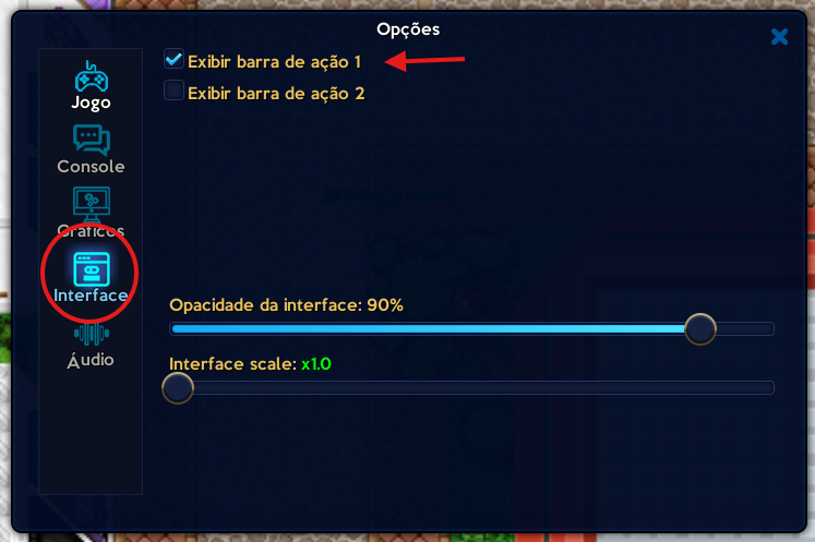 Aba Interface das Opções com as opções de exibir barra de ação marcadas