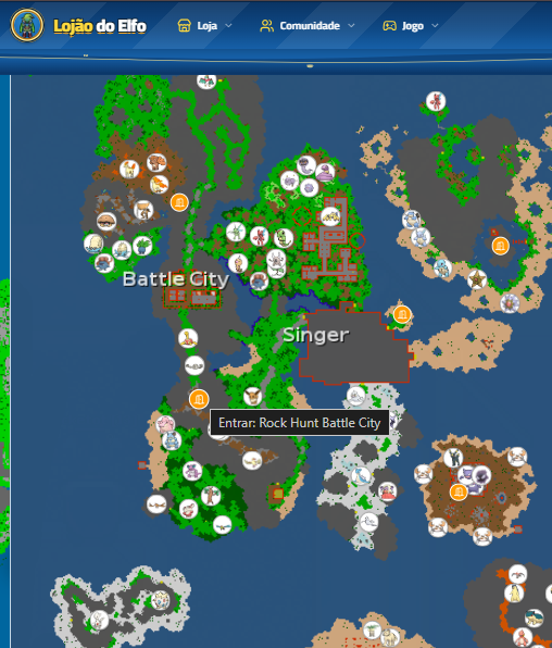 Mapa de Spawns do Lojão do Elfo na área VIP, mostrando Battle City e Singer, onde fica a Golem's Cave