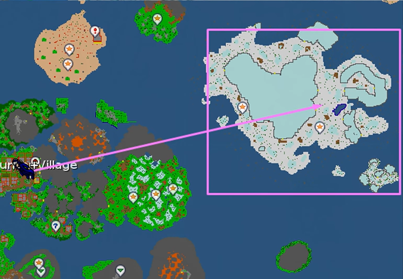 Hunter Village com a ilha de gelo à direita destacada