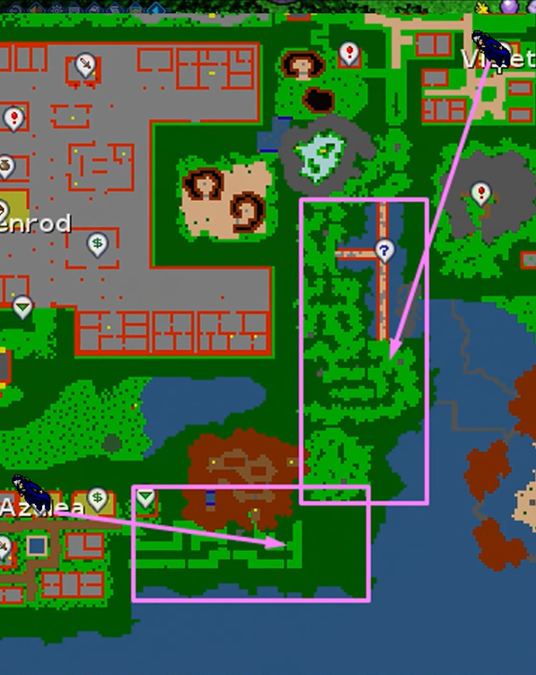 Mapa entre Violet e Azalea com as áreas de mata destacadas